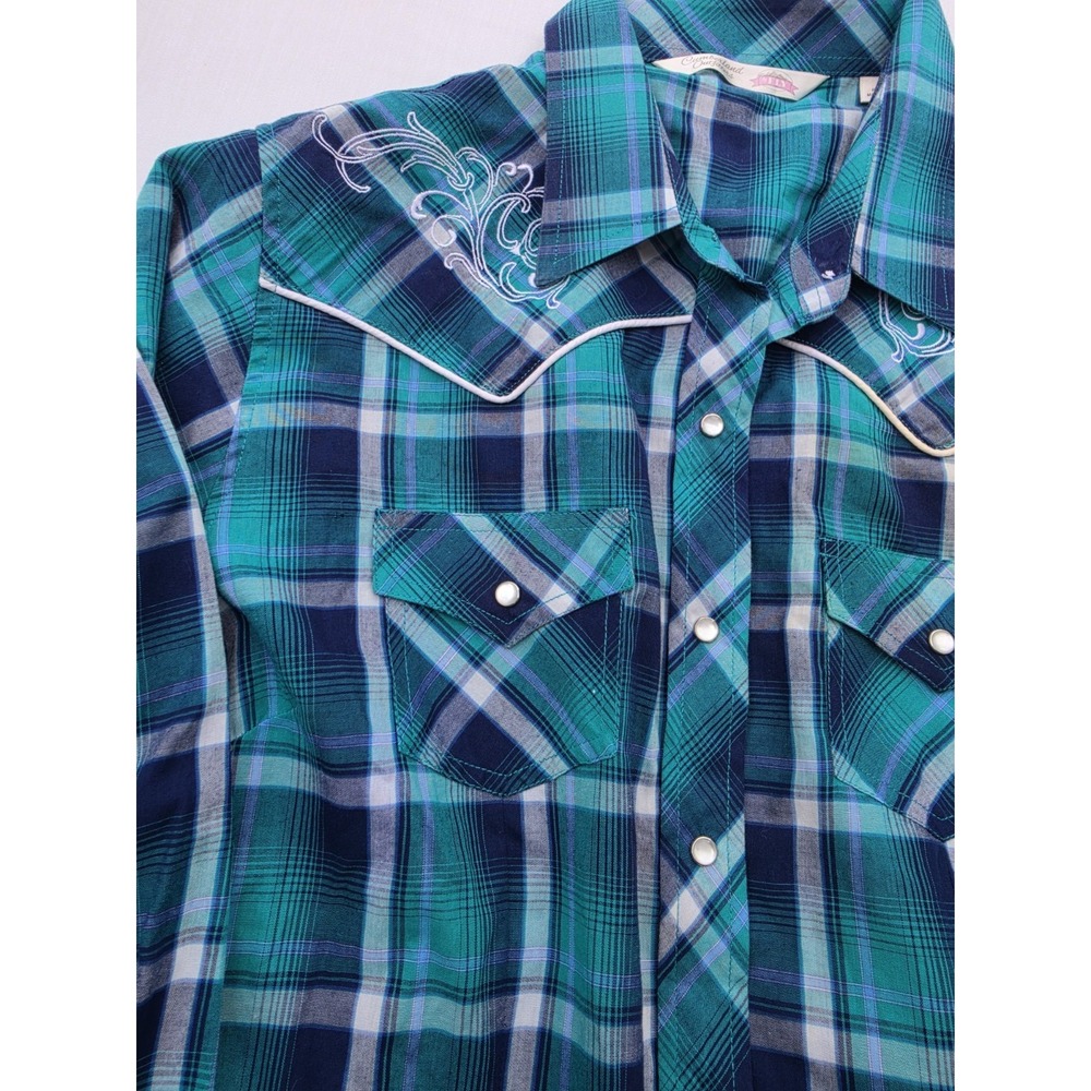 Western Cowgirl Plaid Pearl Snap Shirt Women L Embroidered Rodeo Y2K Teal Blue - Picture 3 of 6